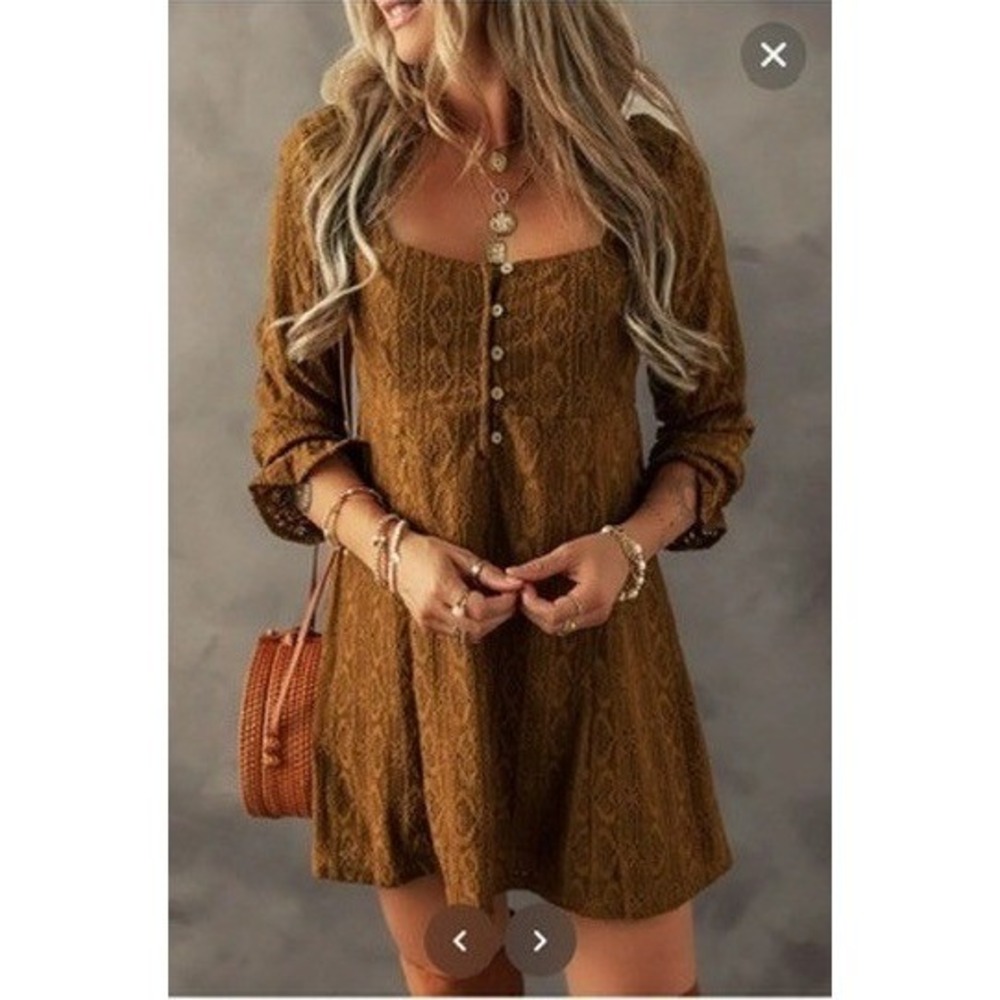 Woman's Babydoll‎ Mini Dress S Brown Lace Square Neck Ruffle Peasant Festival